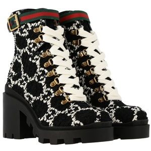 Gucci GG Tweed Monogram Lace Up Combat Ankle Boot Black Size 38